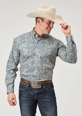 Roper Mens Delft Paisley Blue 100% Cotton L/S Shirt Minimal Seam Construction Roper Mens Delft Paisley Blue 100% Cotton L/S Shirt Chilly Weather Wear