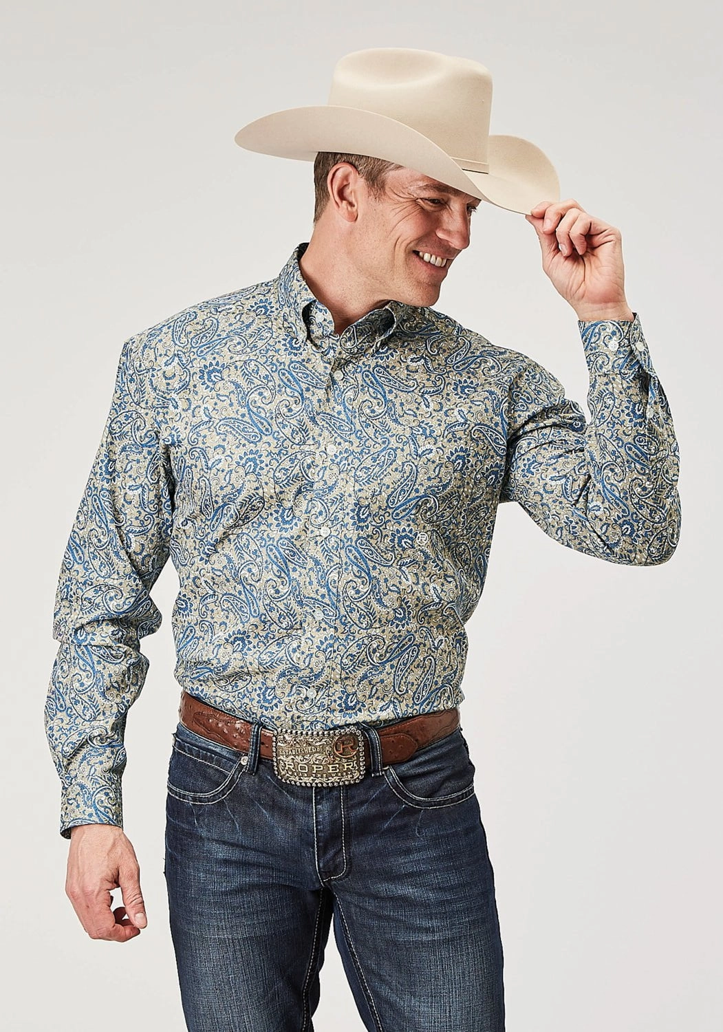 Roper Mens Delft Paisley Blue 100% Cotton L/S Shirt Chilly Weather Wear