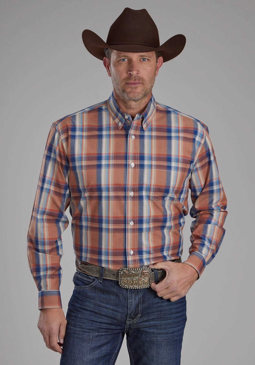 Roper Mens Falling Leaves Plaid Multi-Color 100% Cotton 1 Pkt L/S Shirt All-Occasion Wear Multi Layer Stitching