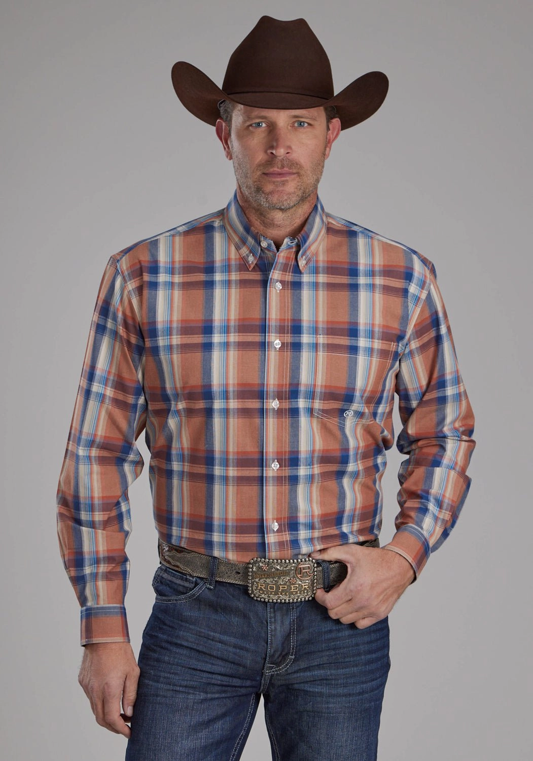 Roper Mens Falling Leaves Plaid Multi-Color 100% Cotton 1 Pkt L/S Shirt UV Protective Coating Non Iron