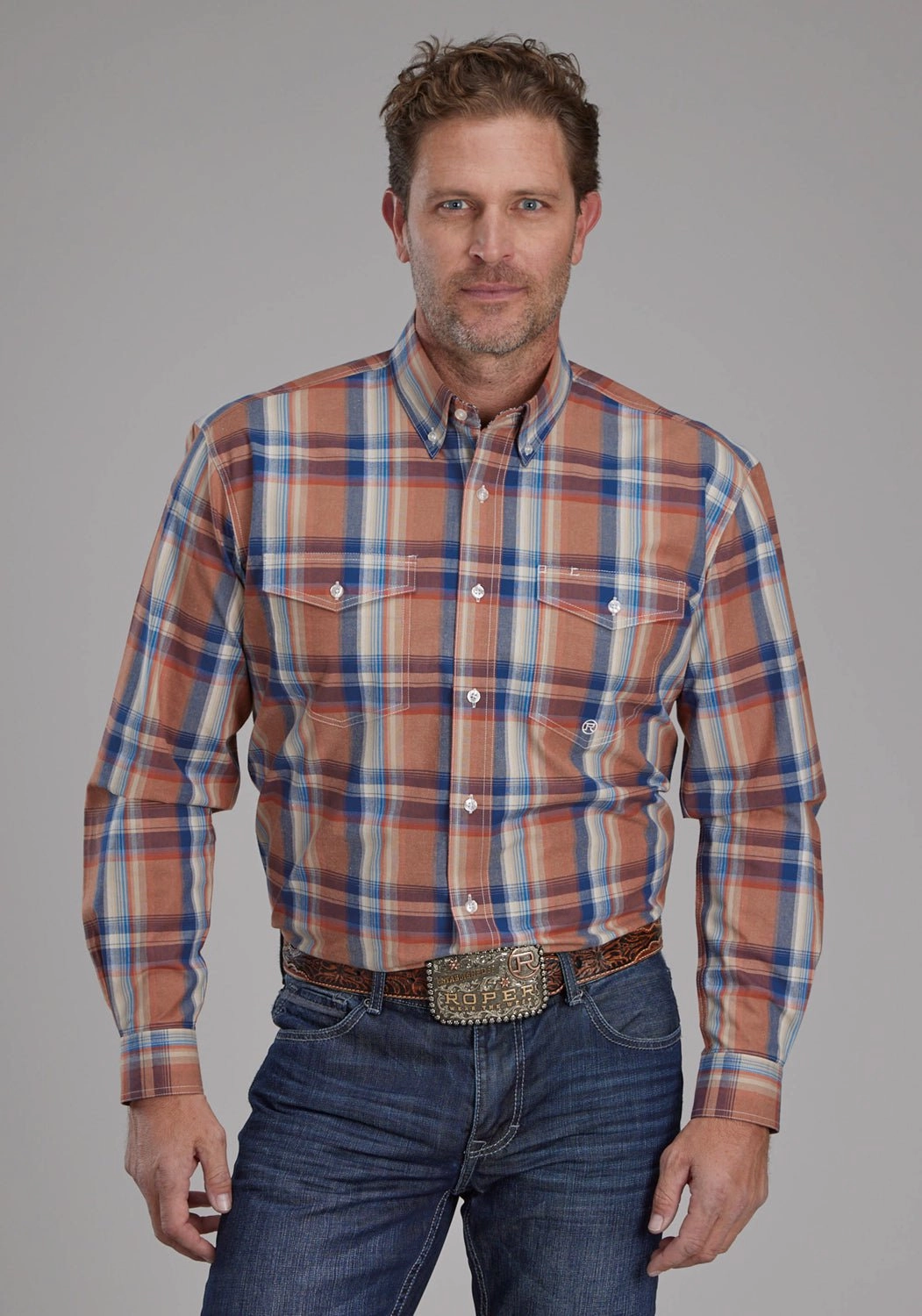 Odor control Roper Mens Falling Leaves Plaid Multi-Color 100% Cotton Btn L/S Shirt