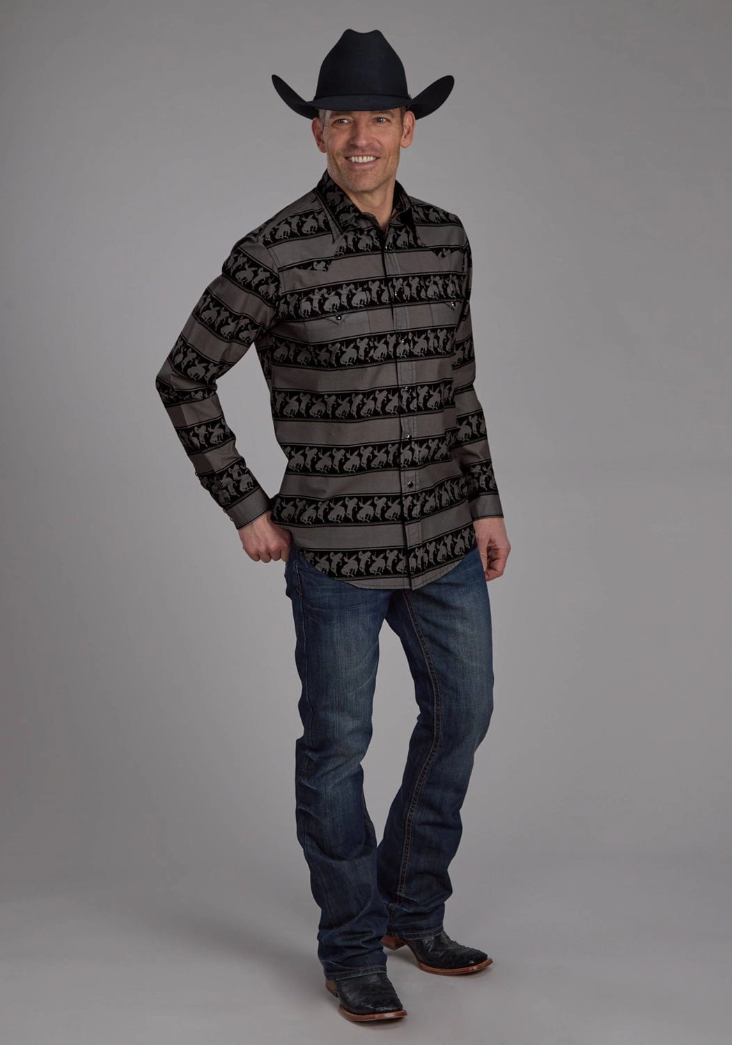 Roper Mens Horizontal Rodeo Stripe Black 100% Cotton L/S Shirt No Bulk Layering System Camping Essential