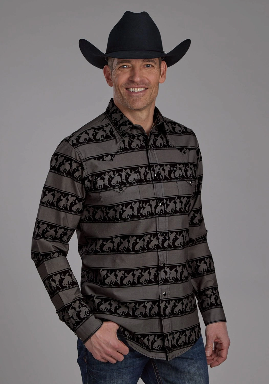 Roper Mens Horizontal Rodeo Stripe Black 100% Cotton L/S Shirt Tailored Cuffs