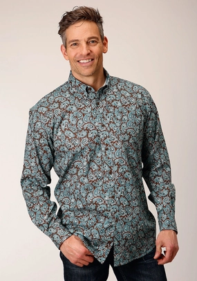 Sustainable Design Roper Mens Mine Paisley Turquoise 100% Cotton L/S Shirt