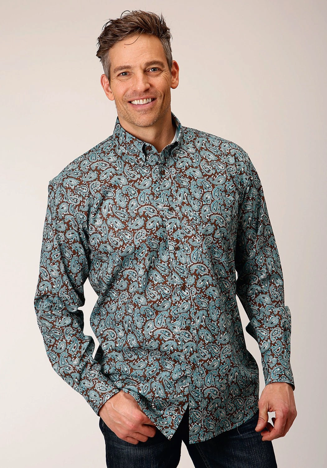 Sustainable Design Roper Mens Mine Paisley Turquoise 100% Cotton L/S Shirt