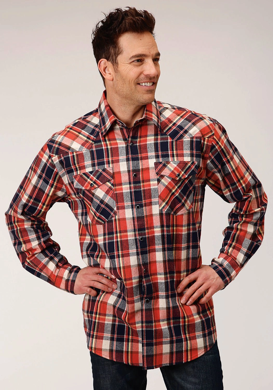 Roper Mens Navy Multi 100% Cotton Unlined Flannel Plaid L/S Tall Shirt crew neck Urban Comfort