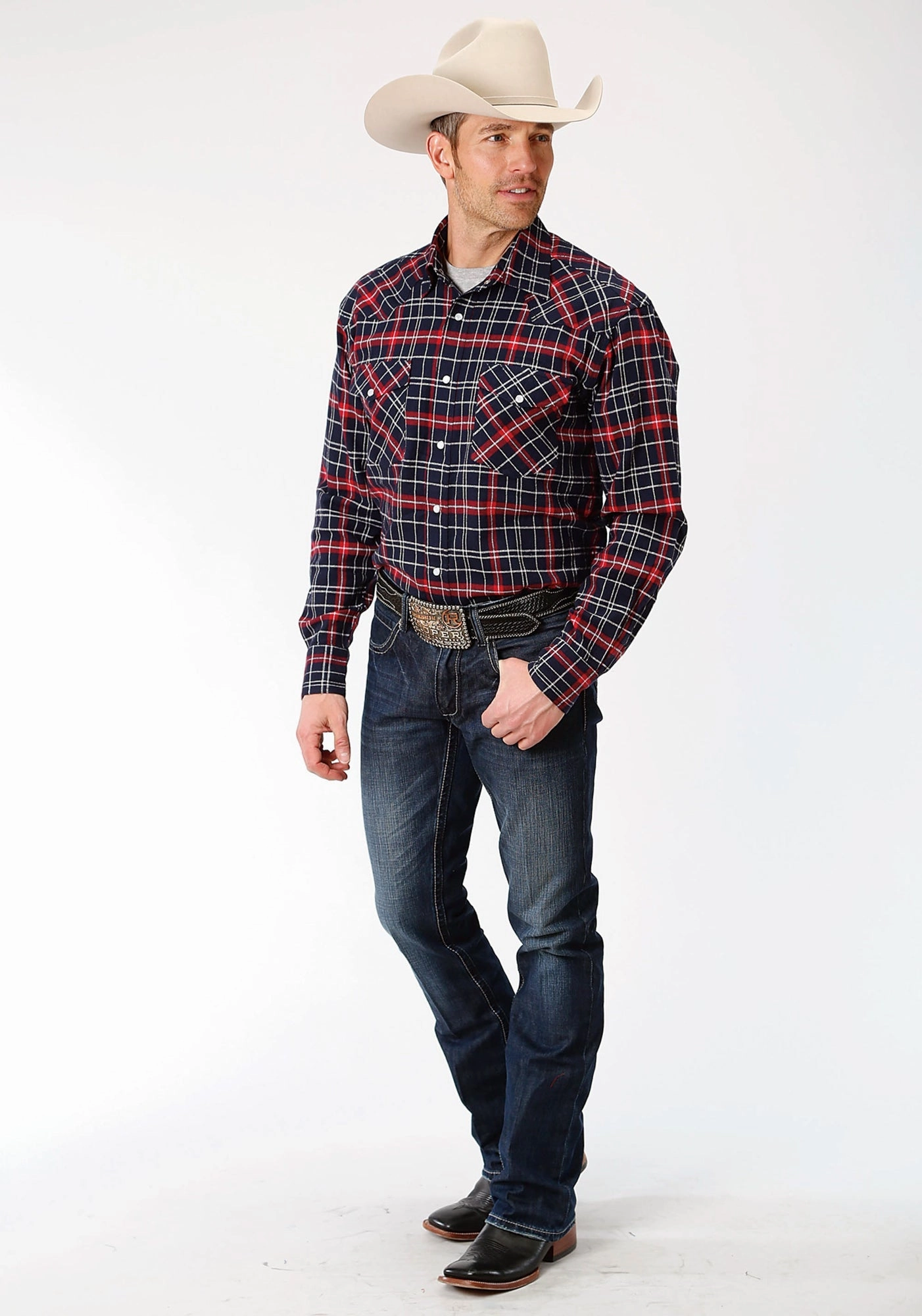 Timeless elegance Premium Comfort Roper Mens Navy/Red 100% Cotton Plaid Flannel L/S Tall Shirt