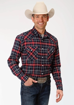 Roper Mens Navy/Red 100% Cotton Plaid Flannel L/S Tall Shirt Snag Resistant Fabric Abrasion Resistant Edging Roper Mens Navy/Red 100% Cotton Plaid Flannel L/S Tall Shirt