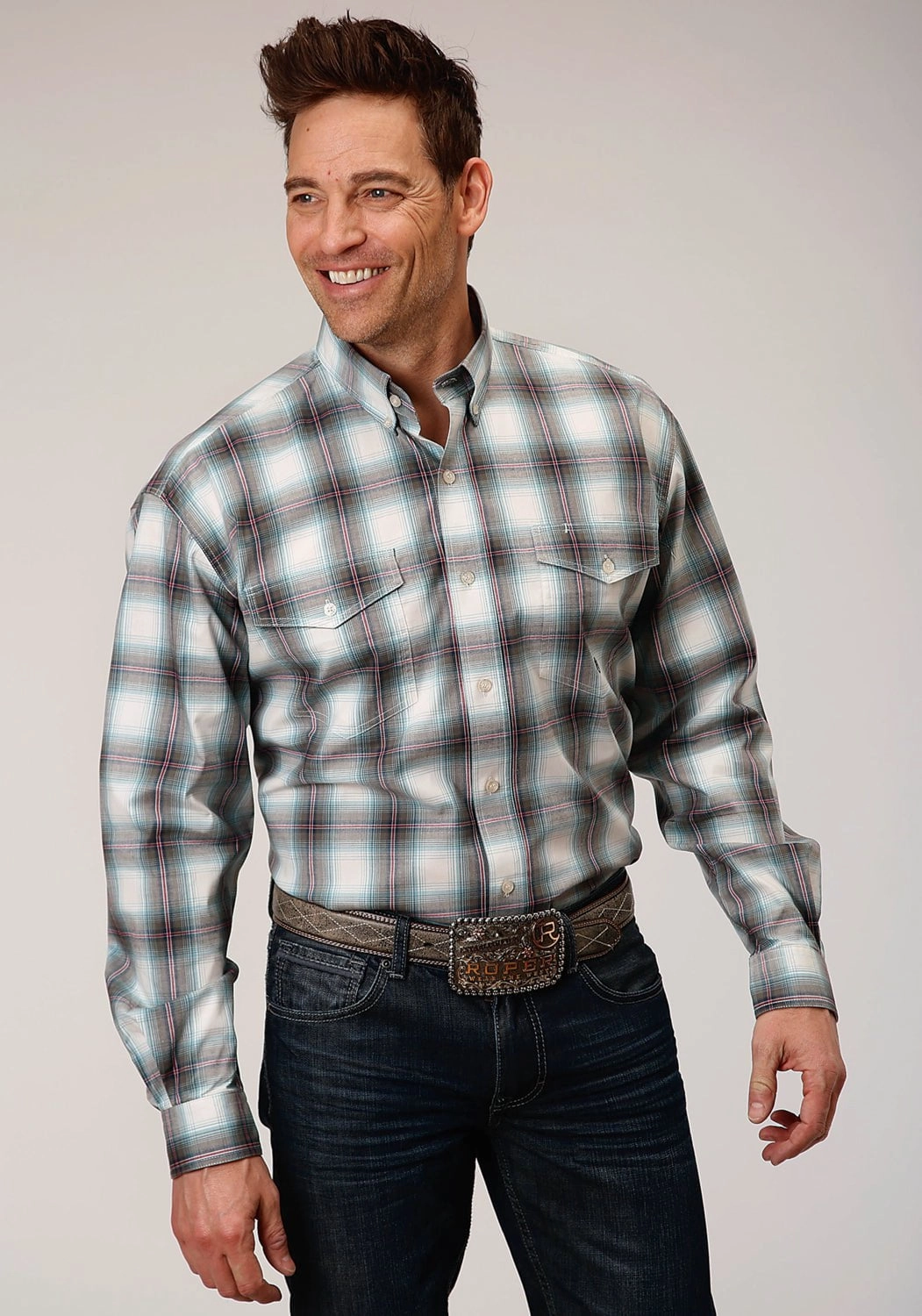 Roper Mens Olive Cotton Blend Stretch Plaid BD L/S Button Shirt Lightweight Feel Fitted Design