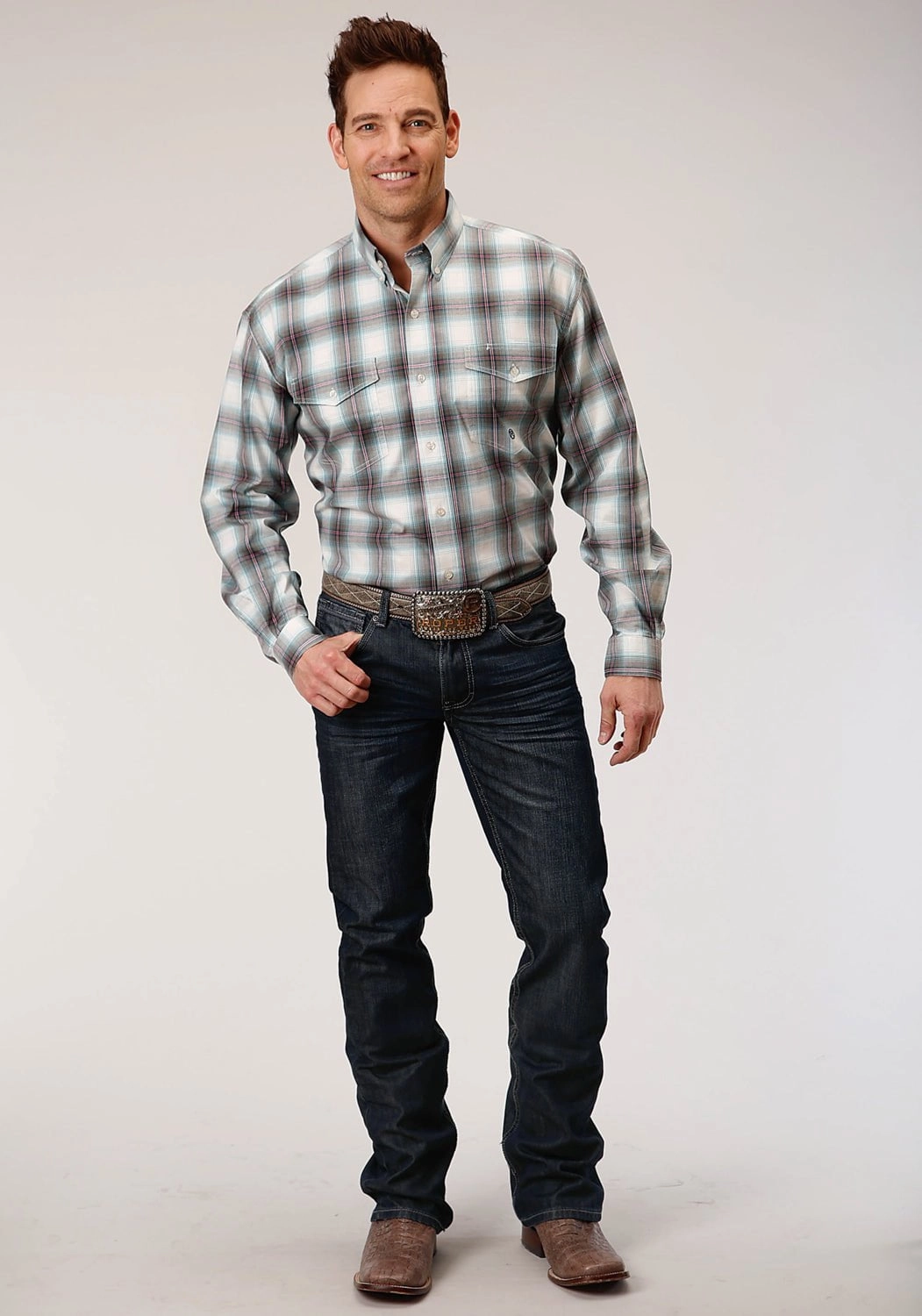 Eco-Friendly Fabric Roper Mens Olive Cotton Blend Stretch Plaid BD L/S Button Shirt