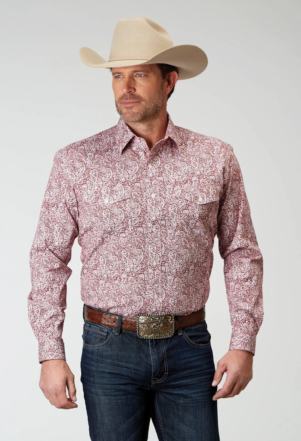 Youthful Style Roper Mens Poplin Paisley Red Cotton Blend L/S Shirt