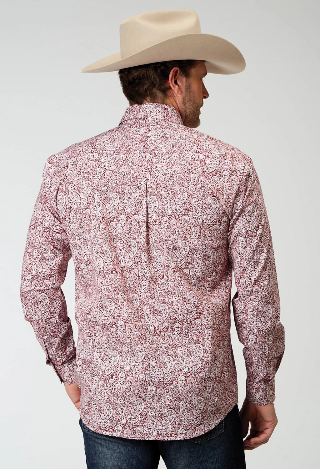 Compact Fold Design Fitted Silhouette Roper Mens Poplin Paisley Red Cotton Blend L/S Shirt