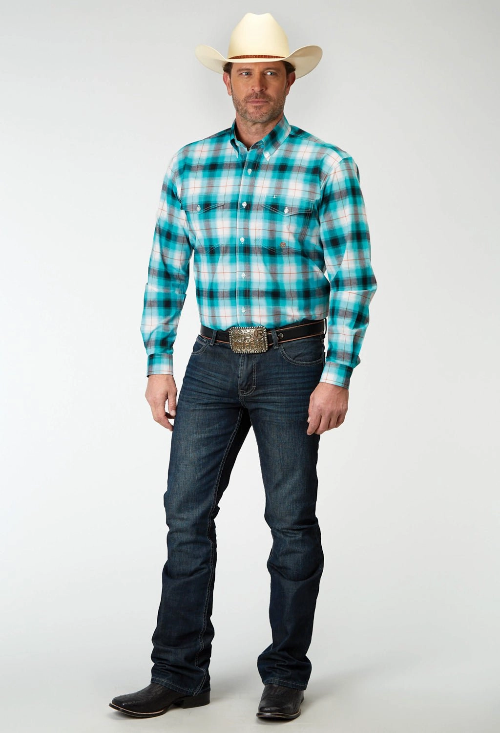 Limited Edition Roper Mens Poplin Plaid Turquoise Cotton Blend L/S Shirt