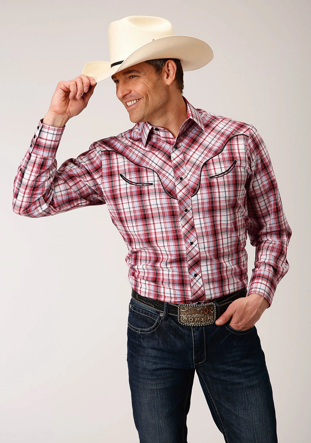 Roper Mens Red Cotton Blend Plaid L/S Leafs Shirt Limited Edition Day-To-Night Wear