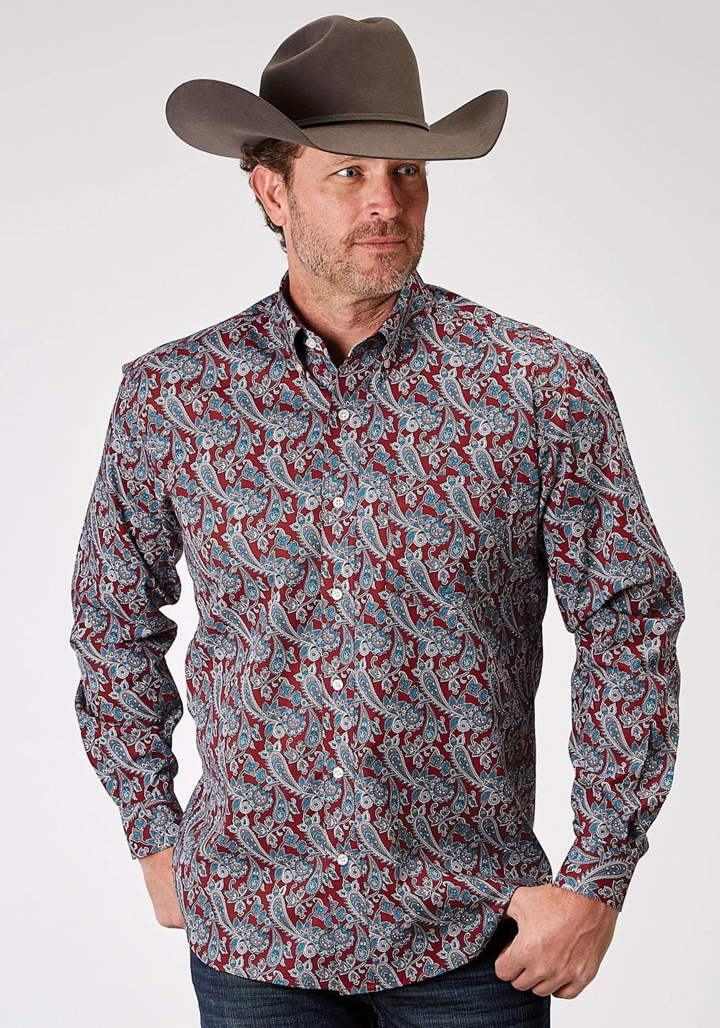 Roper Mens Red River Paisley Red 100% Cotton L/S Shirt Organic Cotton