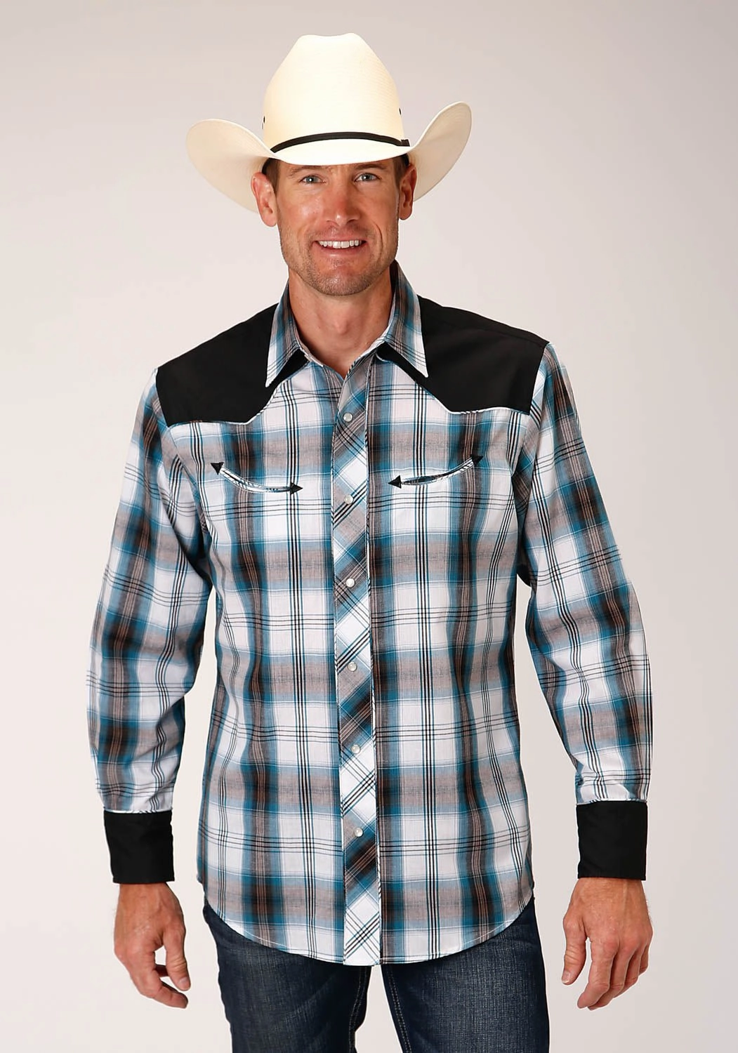 Roper Mens Retro Peacock Plaid Blue/White Cotton Blend L/S Shirt Layered Hemline Friends Meetup