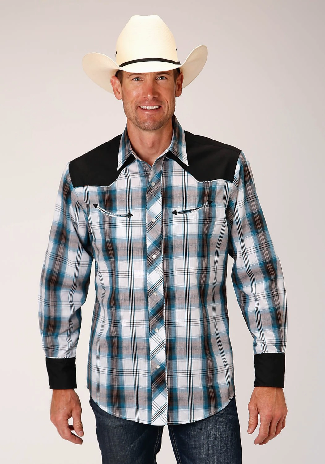 Roper Mens Retro Peacock Plaid Blue/White Cotton Blend L/S Shirt Hiking Gear