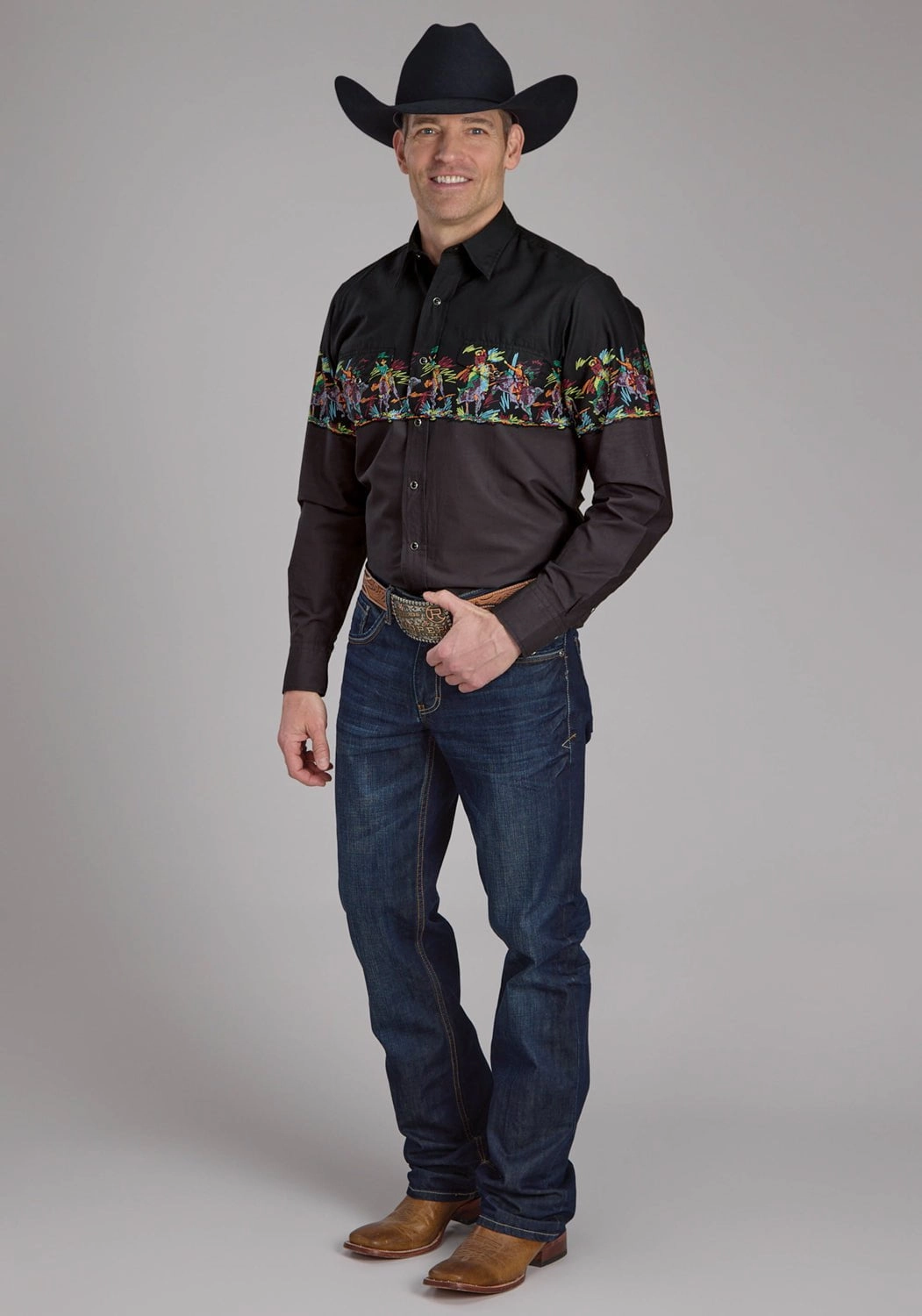 Roper Mens Scribble Bullriders Black 100% Cotton L/S Shirt Minimal Look