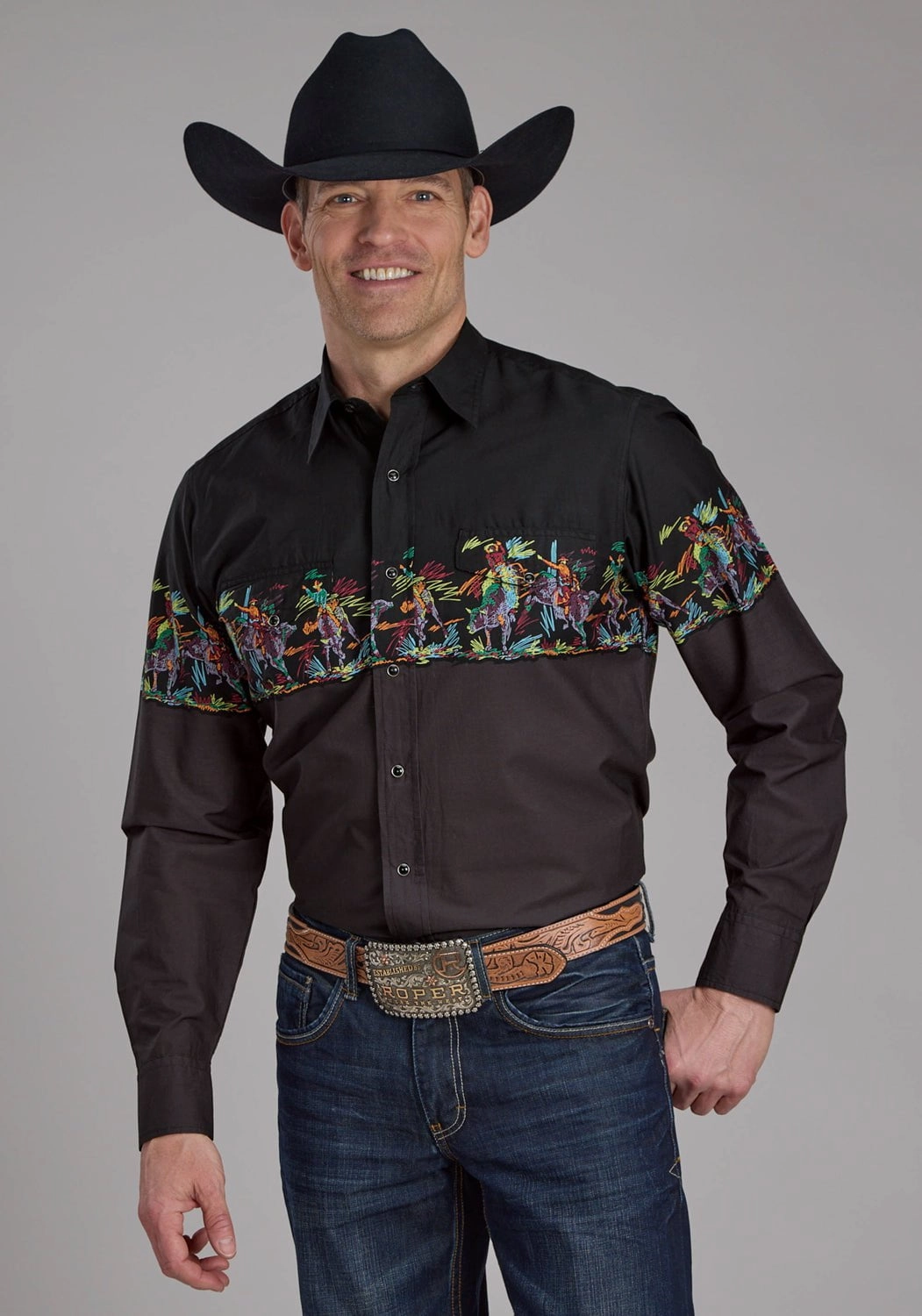 Double Needle Hemming Roper Mens Scribble Bullriders Black 100% Cotton L/S Shirt
