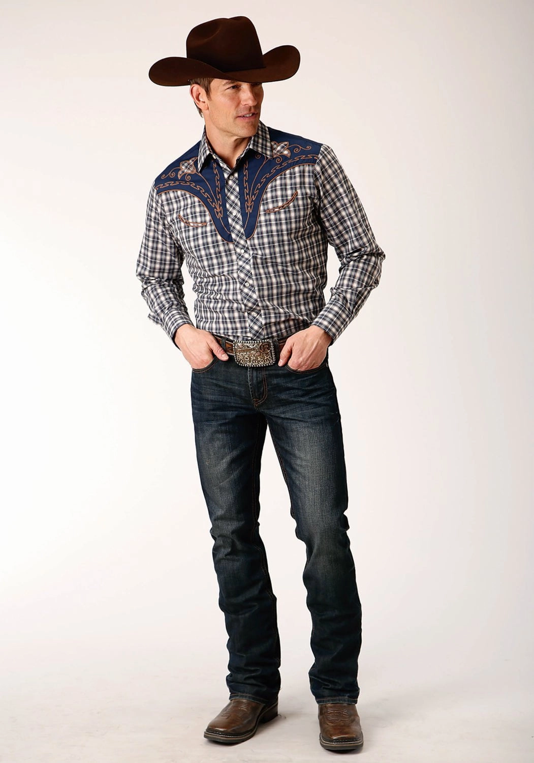 Day-To-Night Wear Roper Mens Small Scale Plaid Blue Cotton Blend L/S Shirt