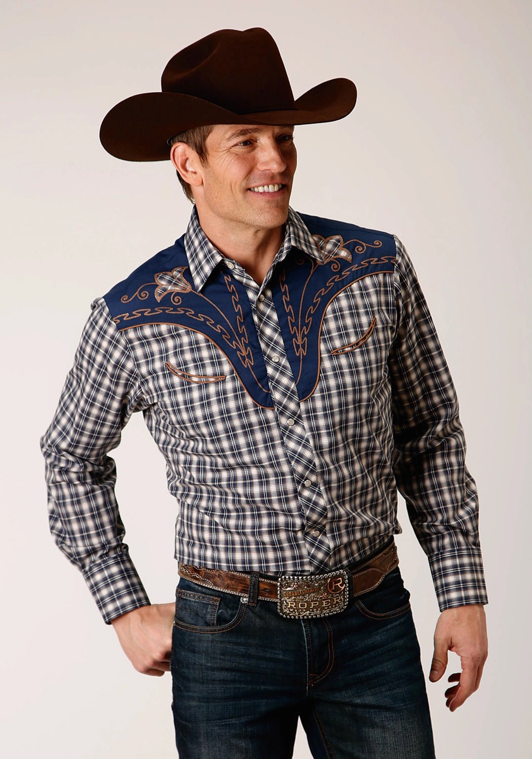 Roper Mens Small Scale Plaid Blue Cotton Blend L/S Shirt formal dinner Seasonal Fashion