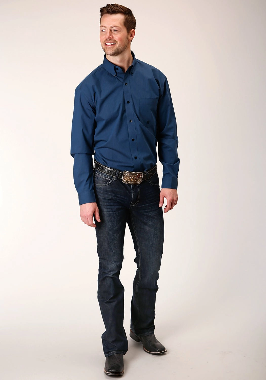 Roper Mens Solid Blue 100% Cotton Black Fill BD L/S 1 Pkt Shirt Stylish Design