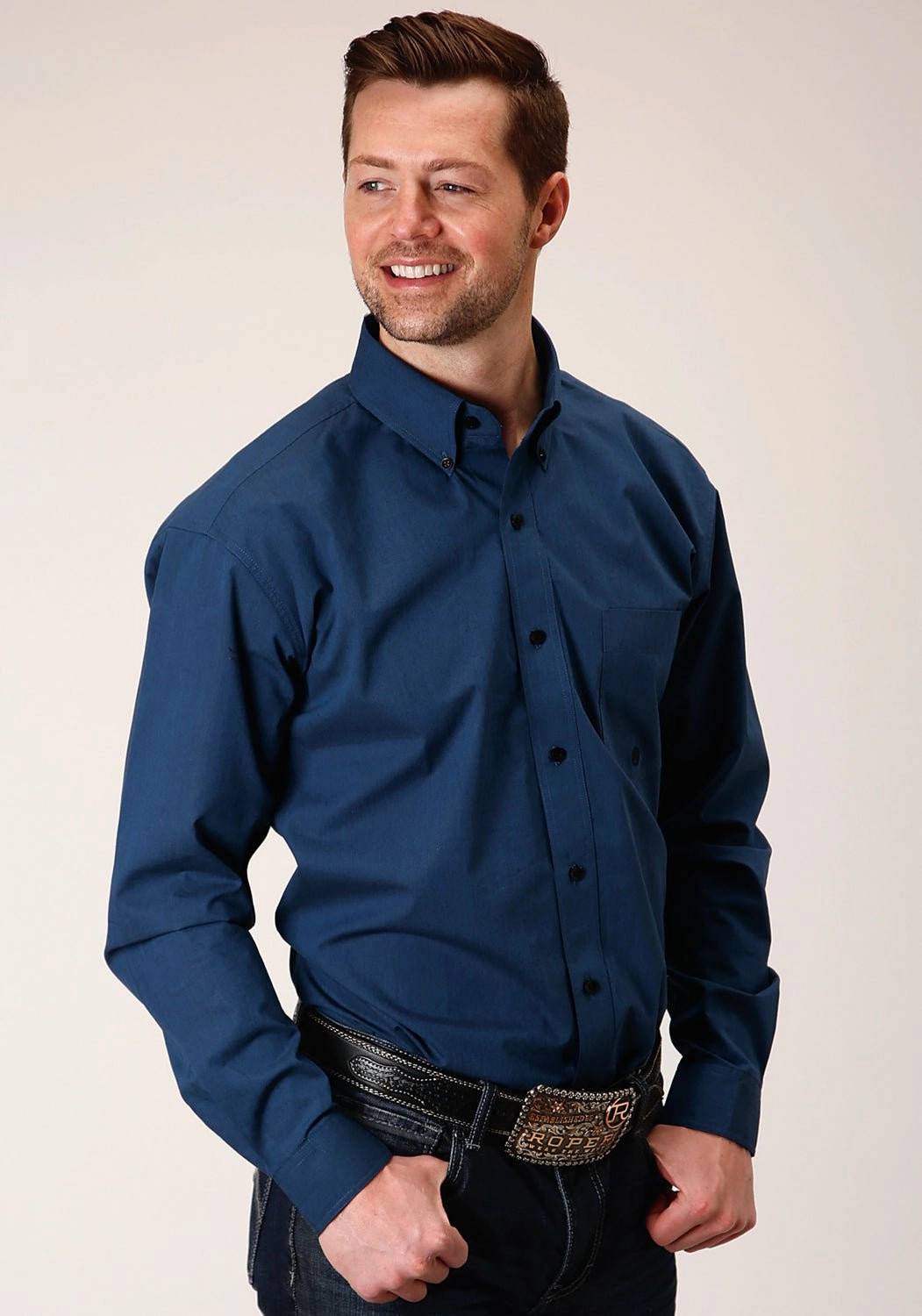 Roper Mens Solid Blue 100% Cotton Black Fill BD L/S 1 Pkt Shirt Work Appropriate