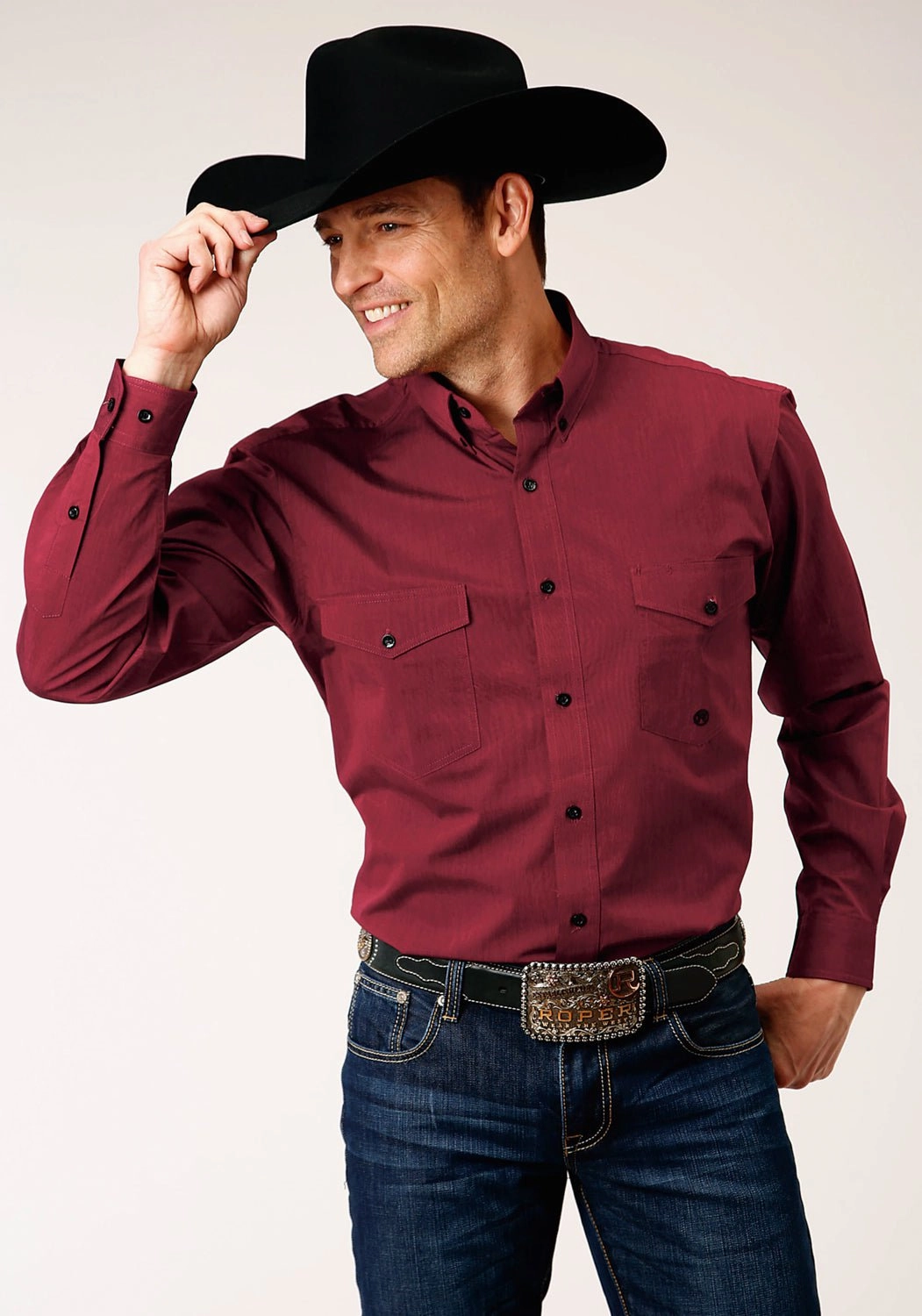 Roper Mens Solid Red 100% Cotton Black Fill BD L/S Btn Shirt Micro Perforated Texture Smooth zipper closure