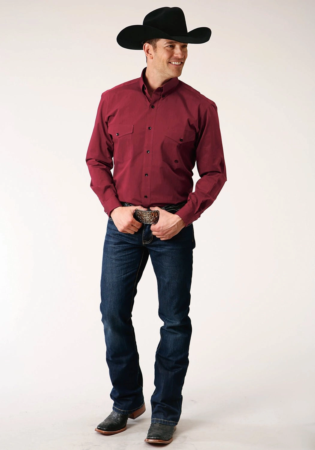 Roper Mens Solid Red 100% Cotton Black Fill BD L/S Btn Shirt Classic Look