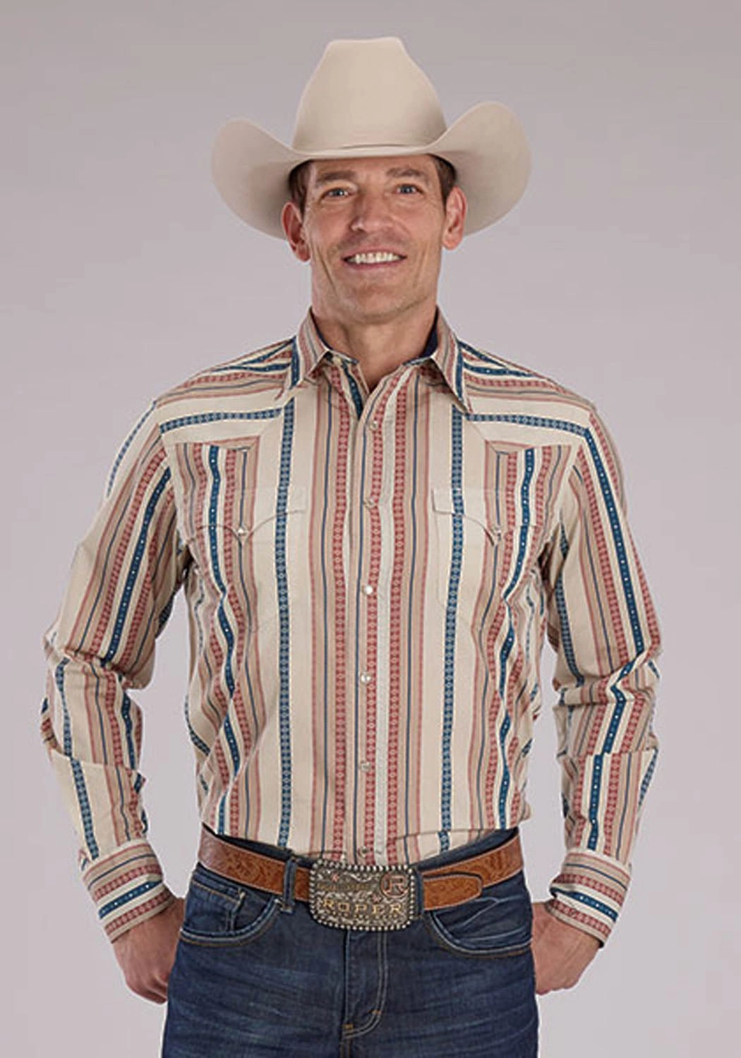 Moisture Wicking Material Ventilated Back Roper Mens Southwest Vertical Stripe Tan/Cream 100% Cotton L/S Shirt