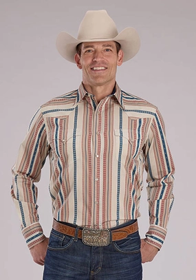 Roper Mens Southwest Vertical Stripe Tan/Cream 100% Cotton L/S Shirt No Fade Print Moisture Wicking Material Ventilated Back Roper Mens Southwest Vertical Stripe Tan/Cream 100% Cotton L/S Shirt