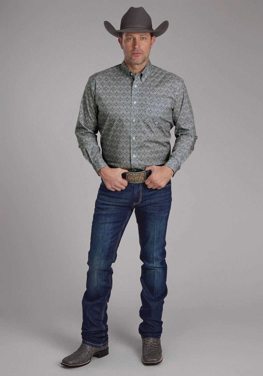 Roper Mens Stretch Medallion Paisley Grey Cotton Blend 1 Pkt L/S Shirt Fade Resistant Formula