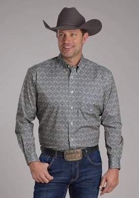 Roper Mens Stretch Medallion Paisley Grey Cotton Blend 1 Pkt L/S Shirt Graphic Design No Slip Shoulder Grip Roper Mens Stretch Medallion Paisley Grey Cotton Blend 1 Pkt L/S Shirt