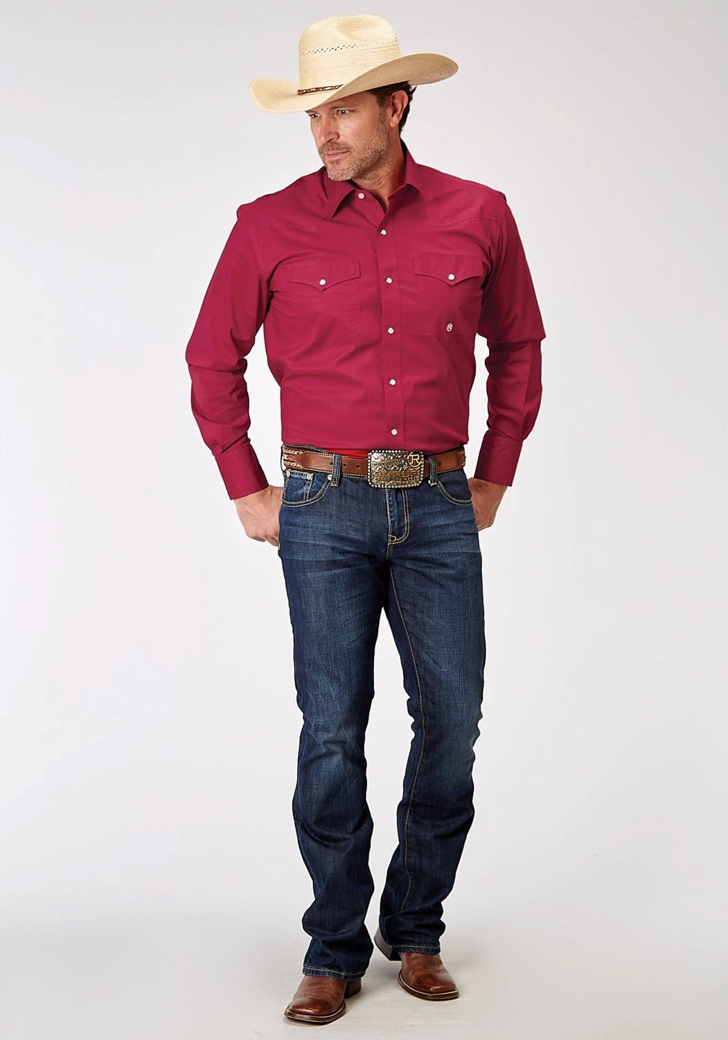 Roper Mens Stretch Poplin Red Cotton Blend L/S Shirt Timeless Design UV Protective Coating