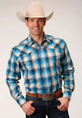 Roper Mens Sunset Plaid Blue 100% Cotton L/S Shirt Perfect for Layering Roper Mens Sunset Plaid Blue 100% Cotton L/S Shirt Graphic Art Vibrant Hue