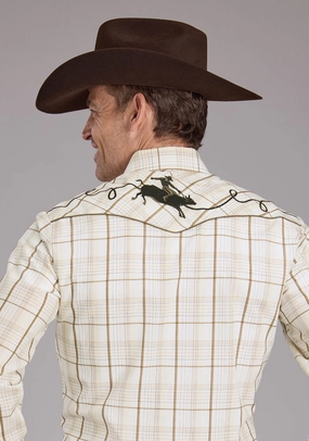 Roper Mens Tall Neutral Plaid Tan Cotton Blend Bronc Rider L/S Shirt sporty wear Relaxed Silhouette Roper Mens Tall Neutral Plaid Tan Cotton Blend Bronc Rider L/S Shirt