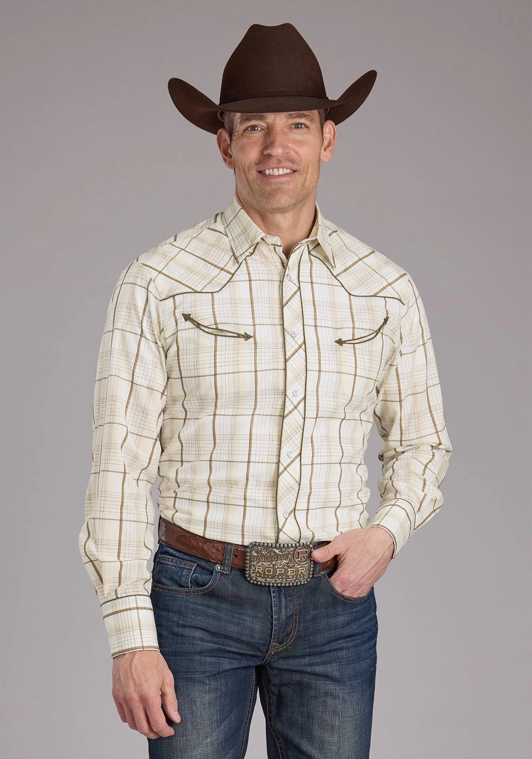 Roper Mens Tall Neutral Plaid Tan Cotton Blend Bronc Rider L/S Shirt Chic Look