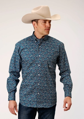 Roper Mens Teal 100% Cotton Purple Sage Paisley BD L/S 1 Pkt Shirt All Season Climate Control Eco-Friendly Fabric Roper Mens Teal 100% Cotton Purple Sage Paisley BD L/S 1 Pkt Shirt