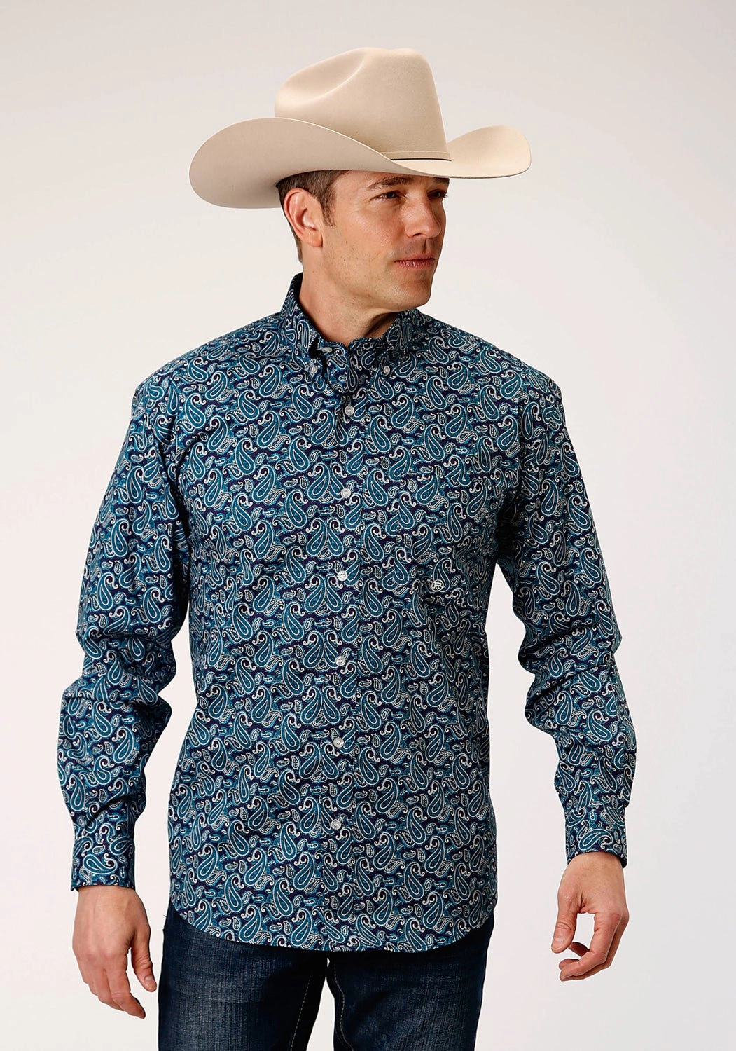 Eco-Friendly Fabric Roper Mens Teal 100% Cotton Purple Sage Paisley BD L/S 1 Pkt Shirt