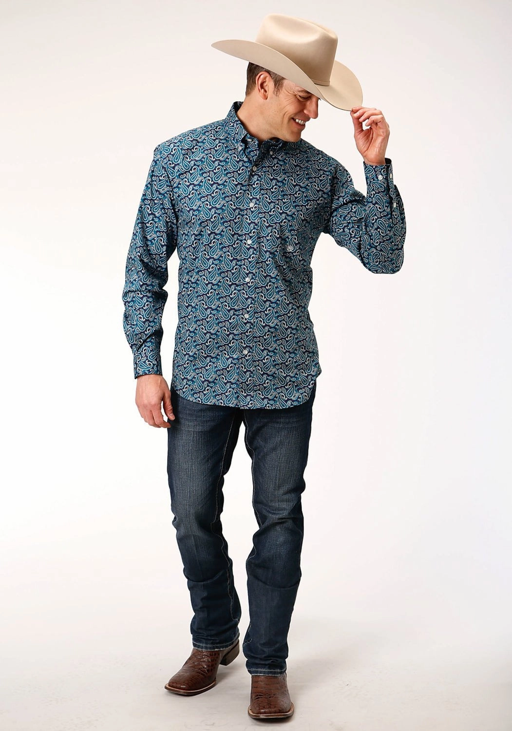 Roper Mens Teal 100% Cotton Purple Sage Paisley BD L/S 1 Pkt Shirt Light Comfort