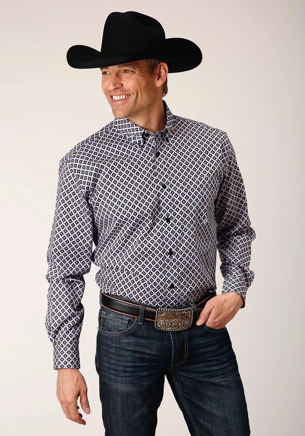 Advanced Moisture Management Roper Mens Tile Pattern Foulard Black 100% Cotton L/S Shirt