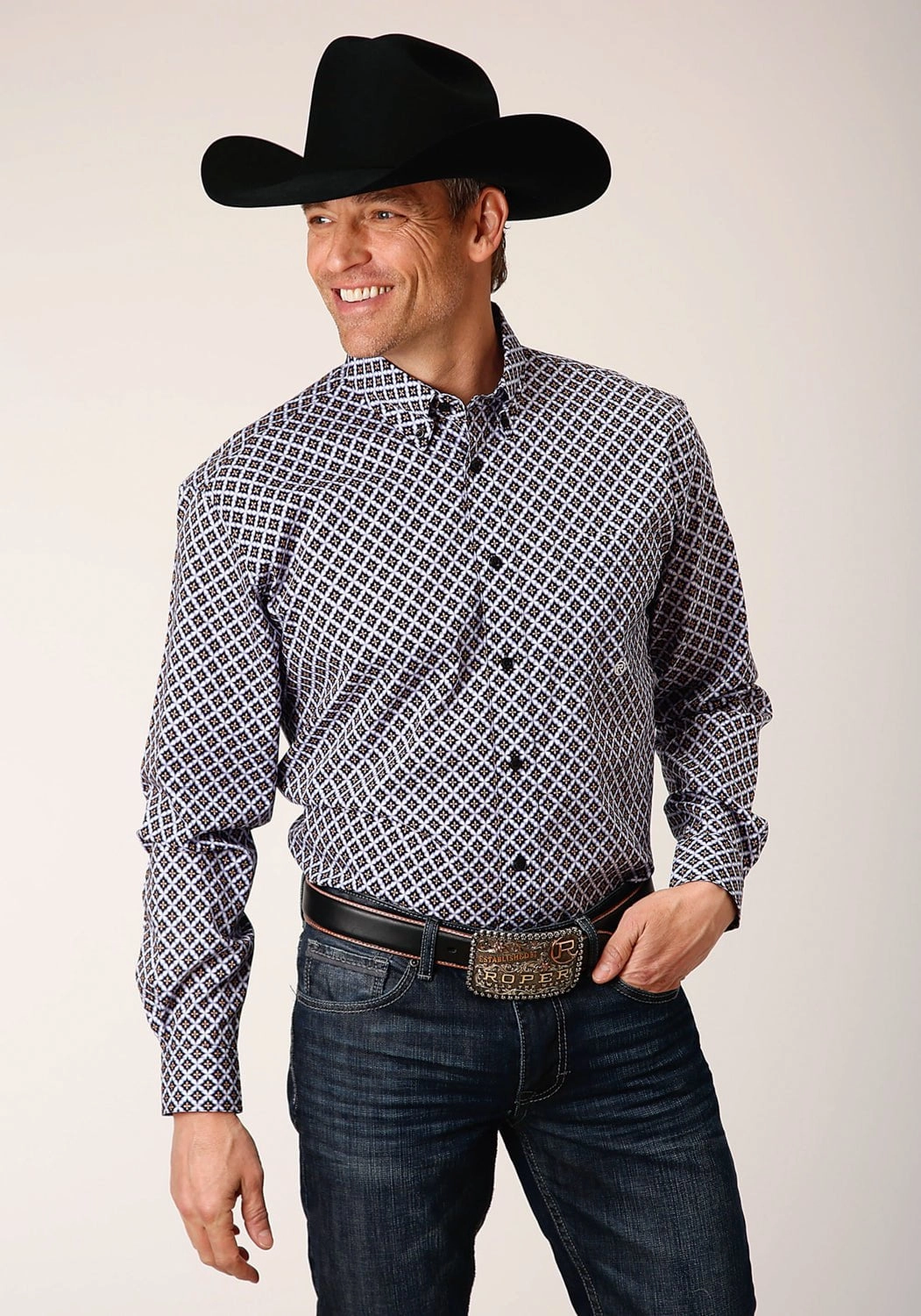 Stretchable Cloth Eco Friendly Material Roper Mens Tile Pattern Foulard Black 100% Cotton L/S Shirt