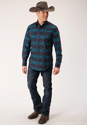 Roper Mens Turquoise 100% Cotton Blanket Horizontal L/S Snap Shirt Trendy Selection Customizable Design Classic Comfort Roper Mens Turquoise 100% Cotton Blanket Horizontal L/S Snap Shirt