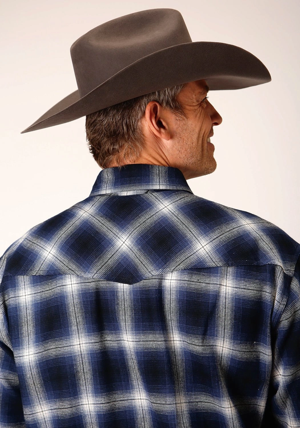Roper Mens Unlined Plaid Blue 100% Cotton L/S Shirt Fitted Shape