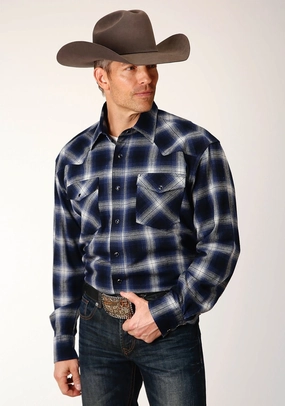 Roper Mens Unlined Plaid Blue 100% Cotton L/S Shirt Relaxed Option Comfort Stretch All-Purpose Wear Roper Mens Unlined Plaid Blue 100% Cotton L/S Shirt