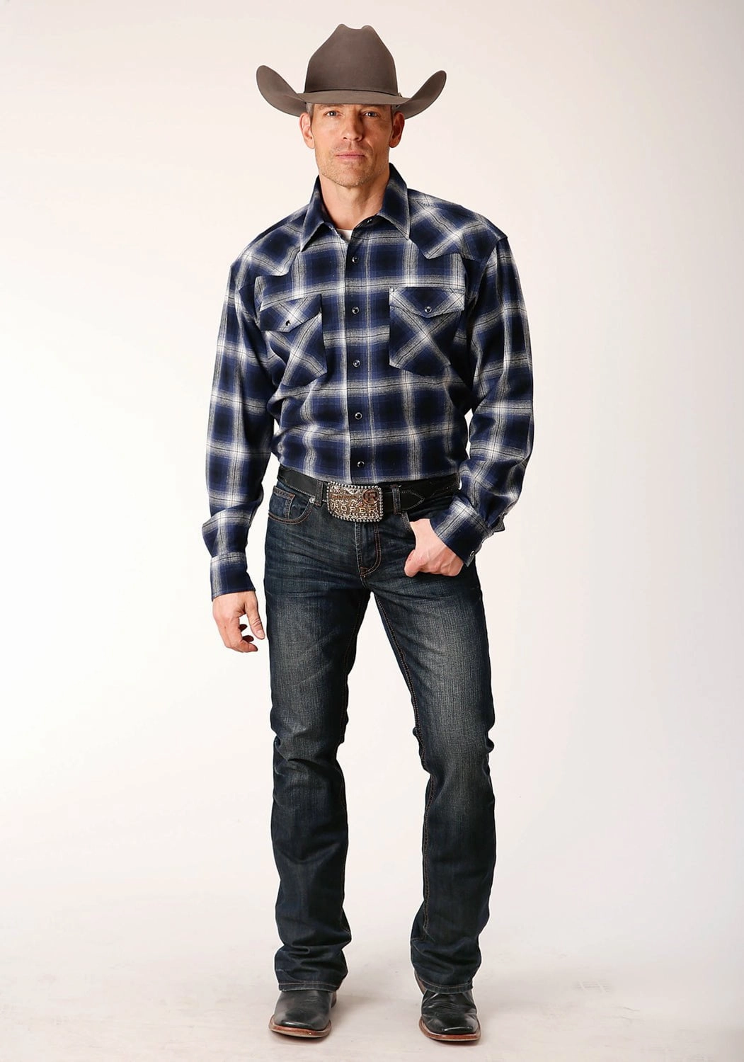 Workwear Style Roper Mens Unlined Plaid Blue 100% Cotton L/S Shirt