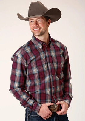 Roper Mens Wine 100% Cotton Plaid BD L/S Button Shirt No Fade Print Roper Mens Wine 100% Cotton Plaid BD L/S Button Shirt Gym Appropriate