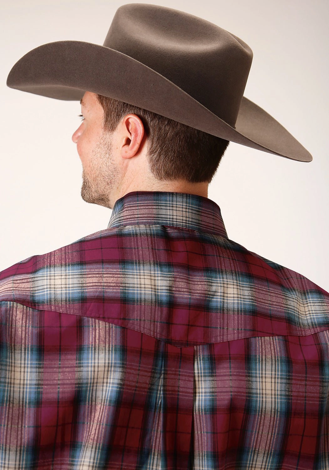 Light Wear Easy Care Material Roper Mens Wine 100% Cotton Plaid BD L/S Button Shirt