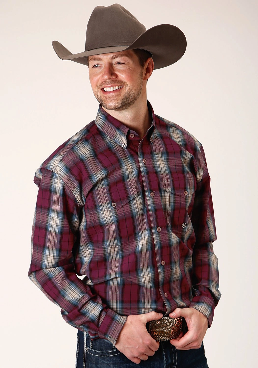 Roper Mens Wine 100% Cotton Plaid BD L/S Button Shirt Tagless label hypoallergenic