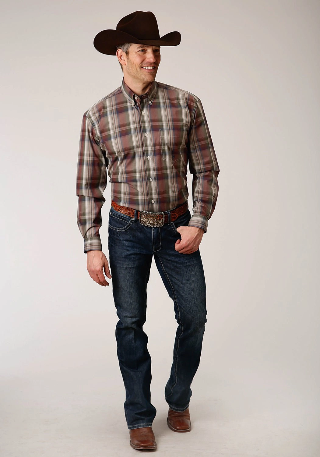 Fashion Statement Fall Foliage Roper Mens Wine 100% Cotton Redwood Plaid BD L/S 1 Pkt Shirt